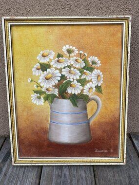 Vintage MCM Daisies In Pottery Jug Framed Oil Painting Signed E Lawson 1981 RF5